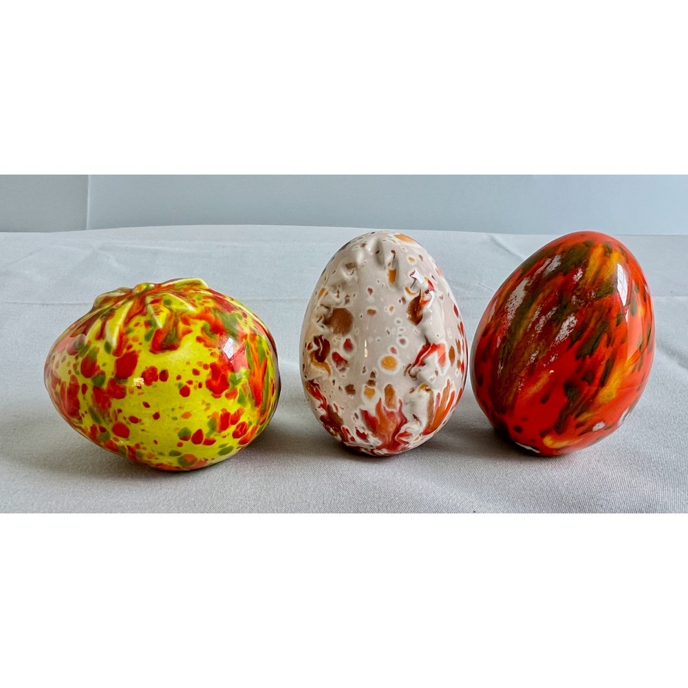Vintage Ceramic Eggs Lot of 3 Speckled Splatter Glaze Embossed Hollow 2.5"